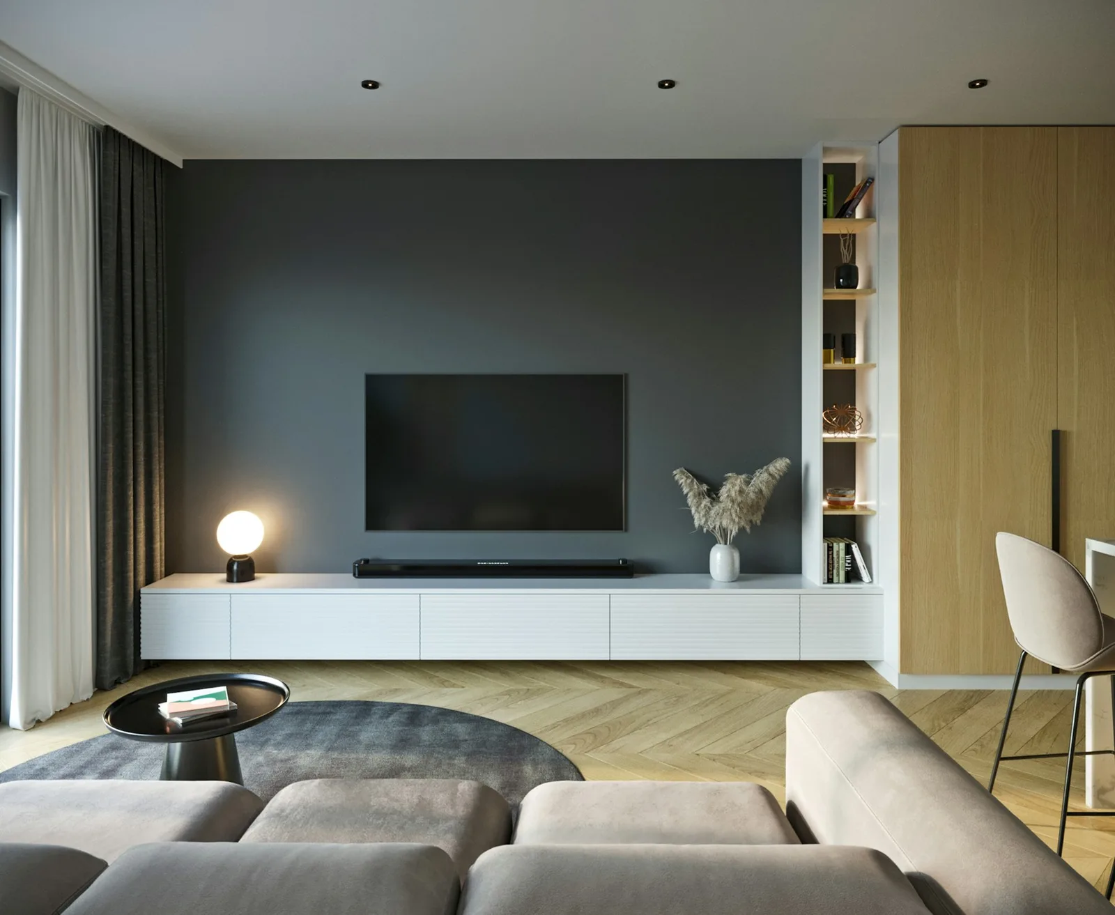 Television and media console in a softly lit living room